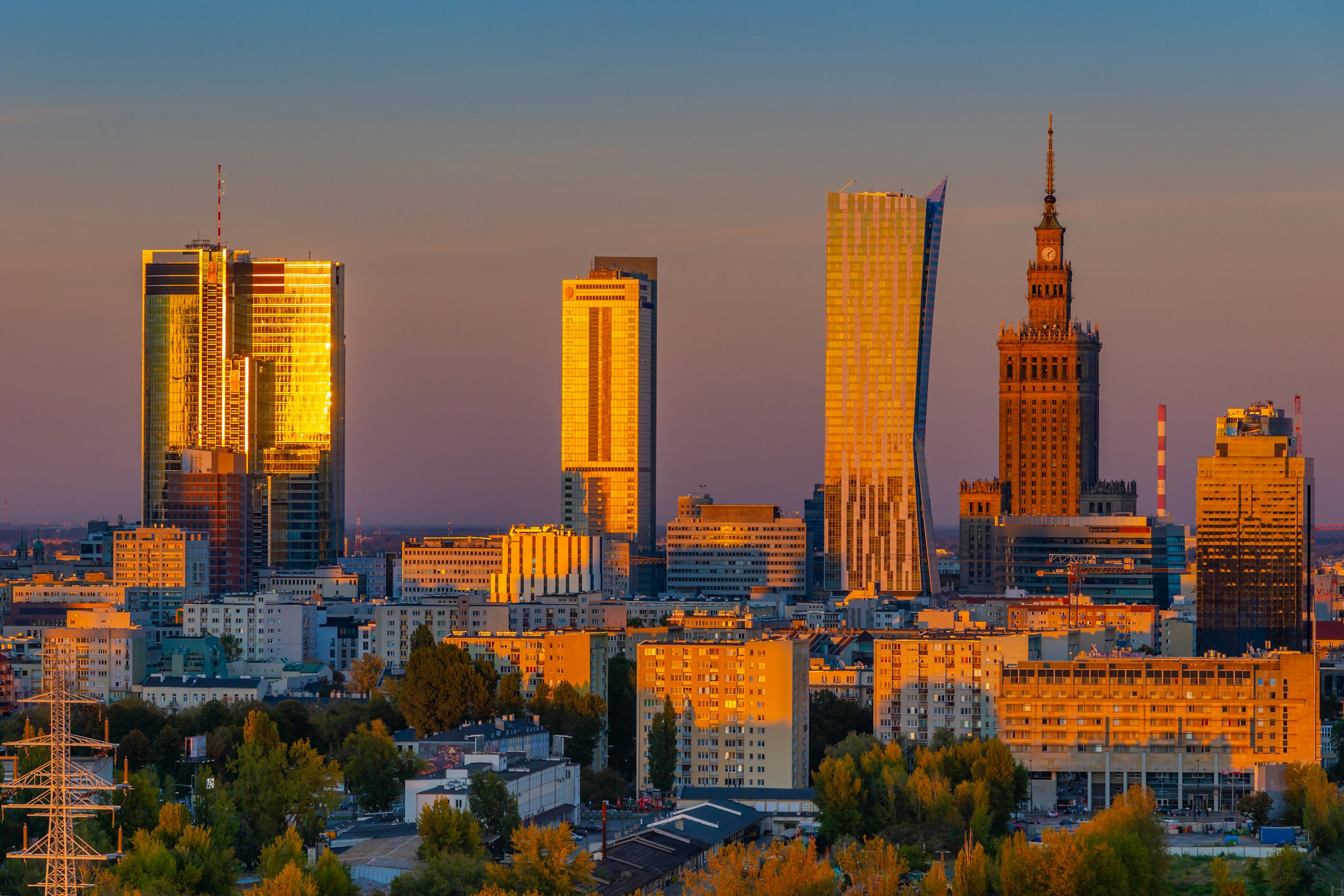 Warsaw city centre skyline in golden evening light