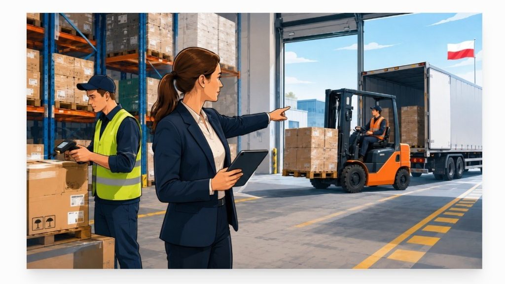 Logistics managers planning workforce operations in a Polish warehouse