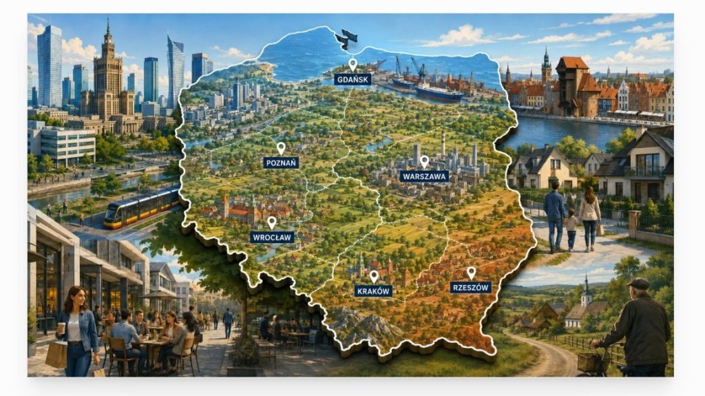 Map of Poland highlighting regional markets beyond Warsaw