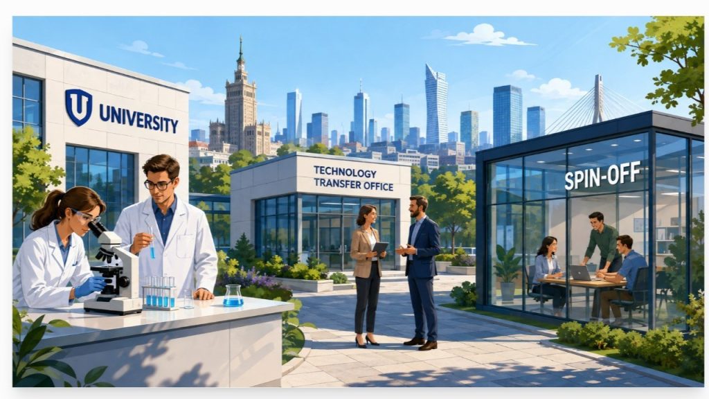 Entrepreneurs outside a Polish technology campus representing university spin-offs