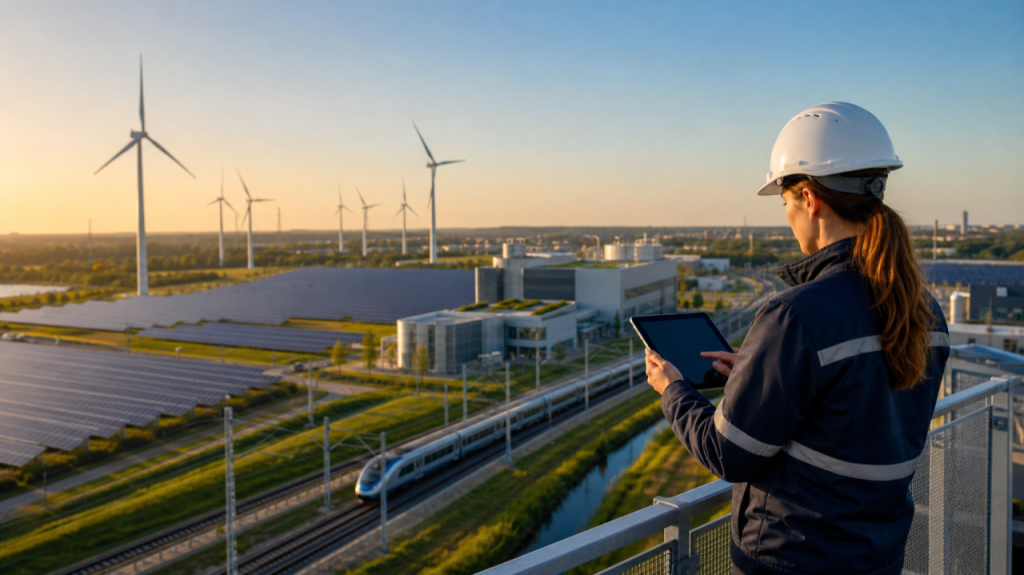 Engineer overlooking solar panels and wind turbines at a renewable energy facility