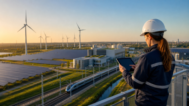 Engineer overlooking solar panels and wind turbines at a renewable energy facility