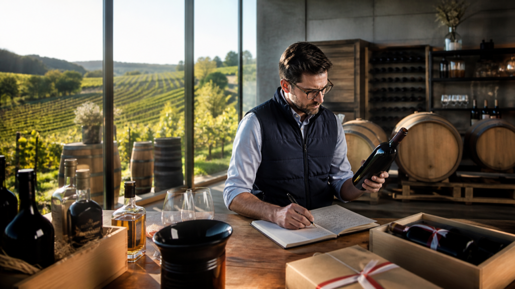Winemaker reviewing notes beside a vineyard and wine barrels
