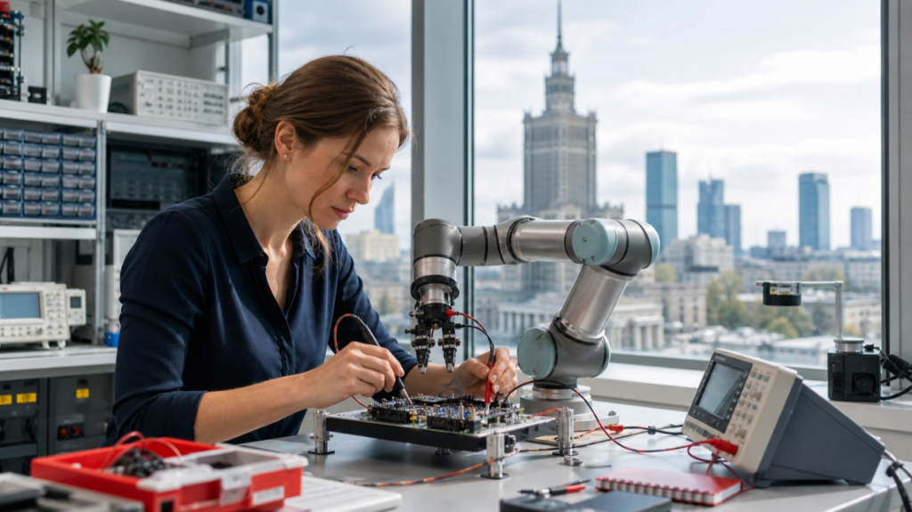 Woman working on a laptop with the Warsaw skyline in the background