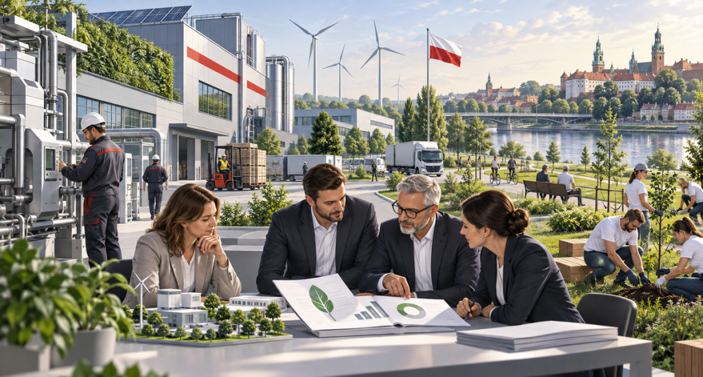 Business team discussing corporate social responsibility and ESG in Poland
