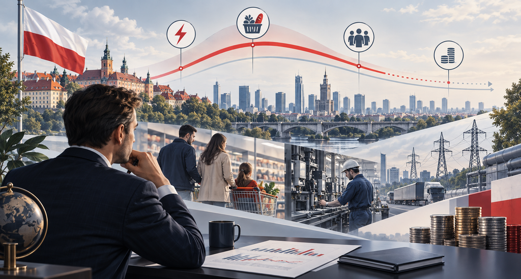 Business team reviewing Poland’s inflation trajectory against a city skyline