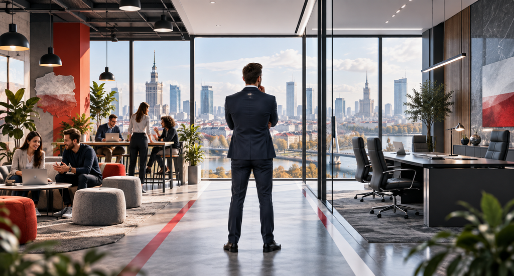 Business professionals touring modern office space in Poland