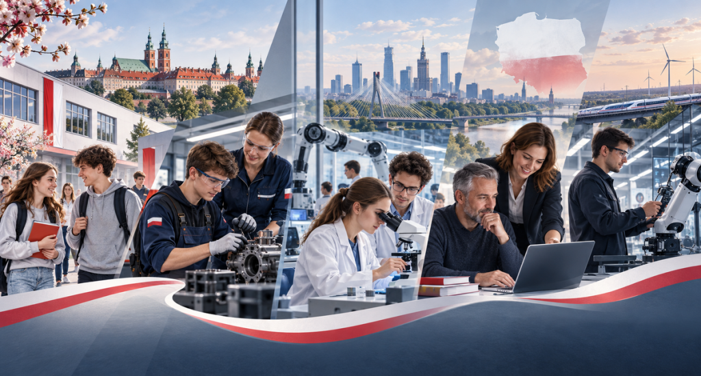 Students collaborating with digital tools in Poland’s evolving education system