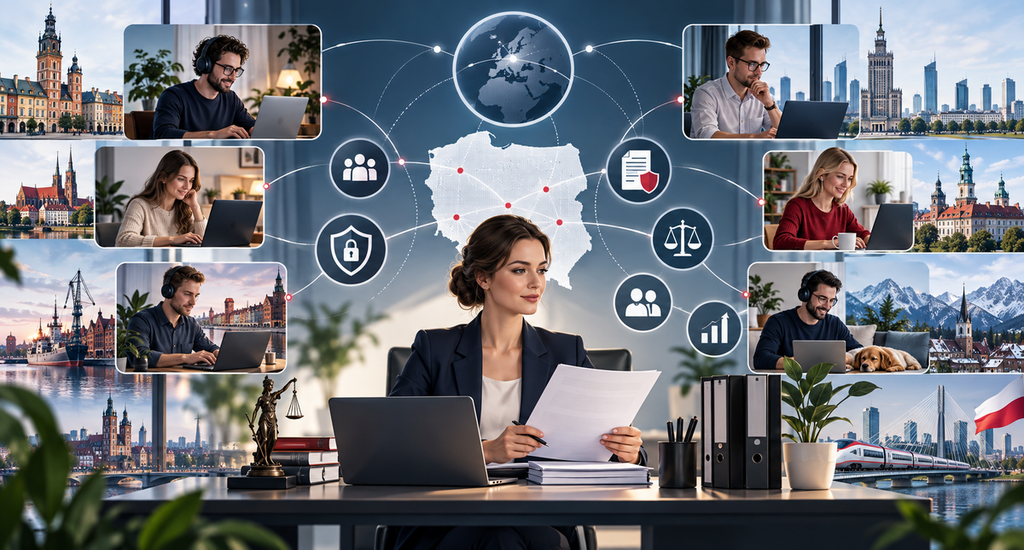 Professional connecting with remote teams across Poland’s talent hubs