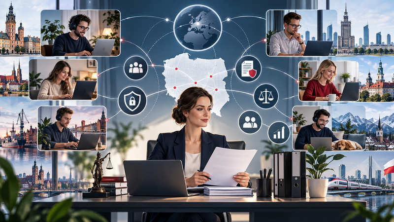 Professional connecting with remote teams across Poland’s talent hubs
