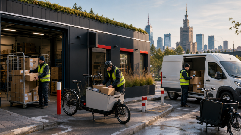 Workers loading parcels into cargo bikes and a delivery van at an urban logistics hub in Warsaw.