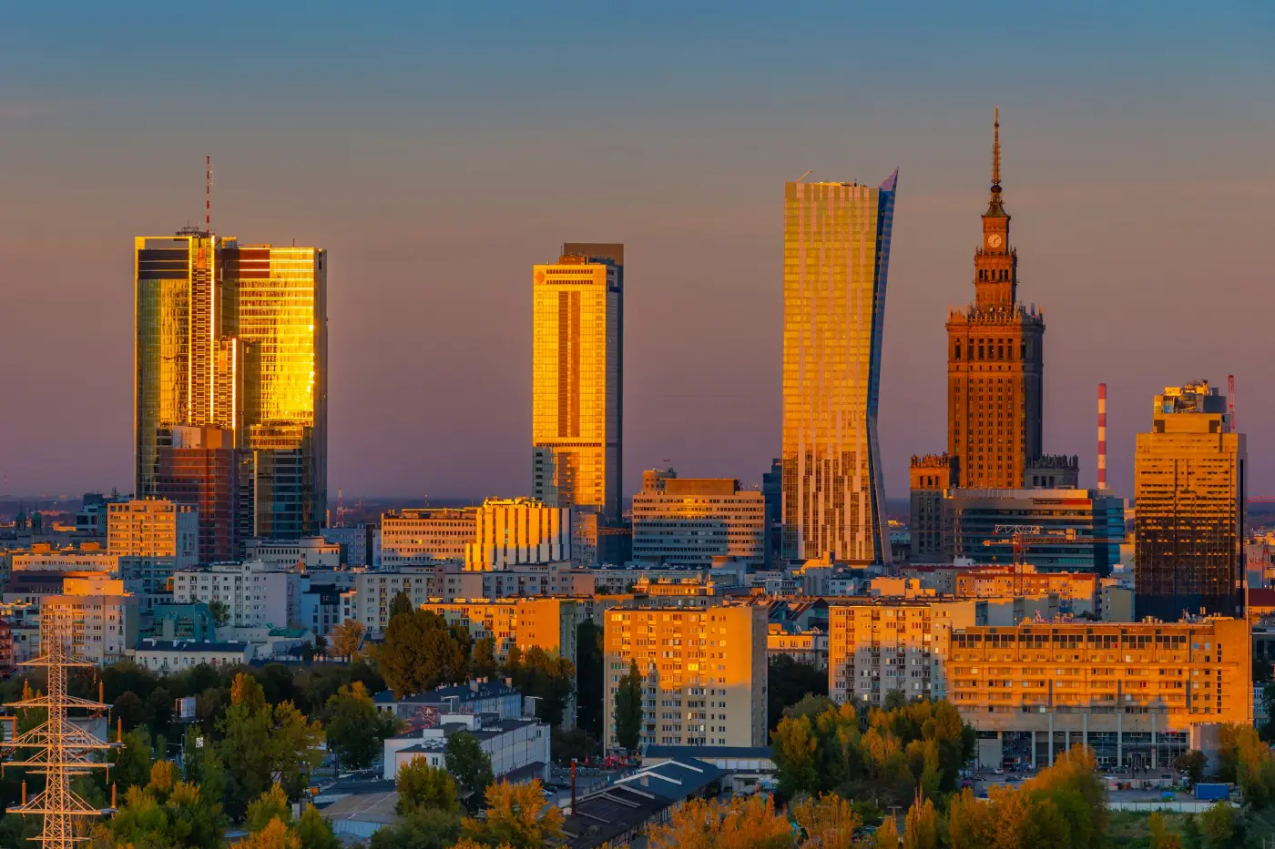 Warsaw city centre skyline in golden evening light